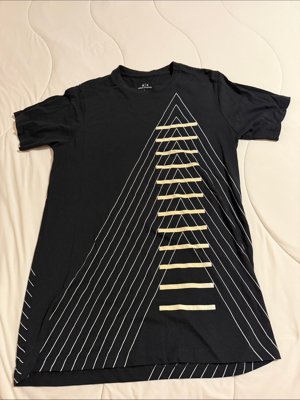 A/X Armani Exchange Black Tee with Gold Ladder and White Geometric Lines